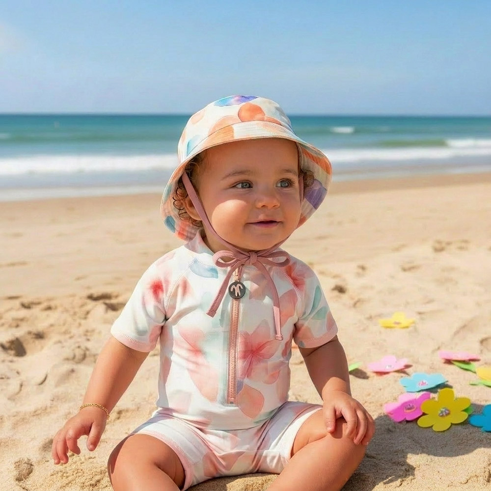 Dziewczynka niemowle na plaży w stroju UV