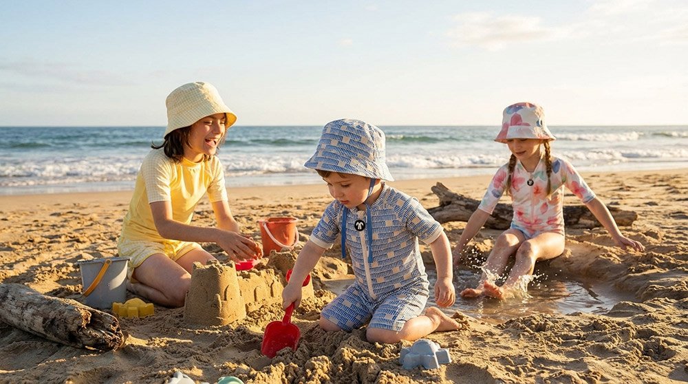 Dzieci w odzieży UV bawiące się na plaży