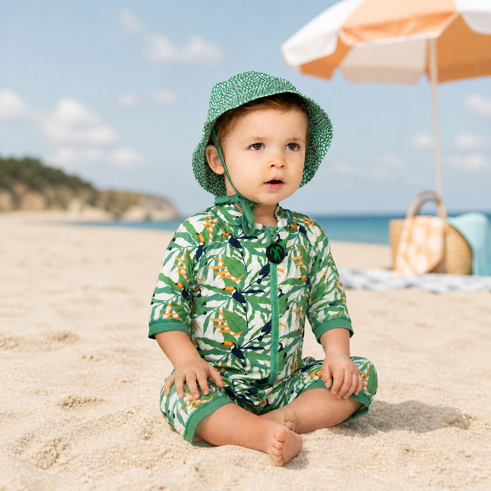 niemowlak w ubranku UV na plaży podczas wakacji